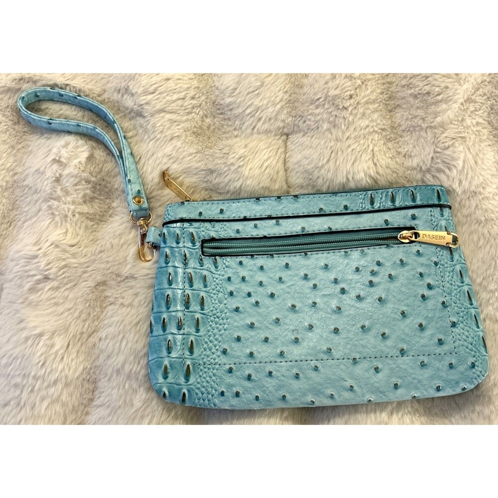 Dasein Clutch Purse Wristlet Light Blue/Turquoise Faux Ostrich Gold Hardware EUC